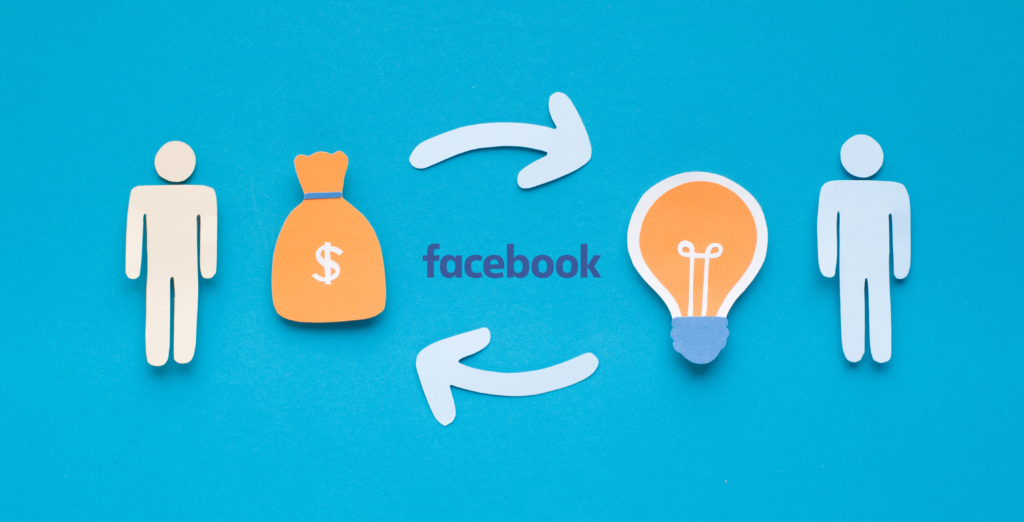 graphic of stick figure with idea graphic generating dollar signs with the facebook logo in the middle